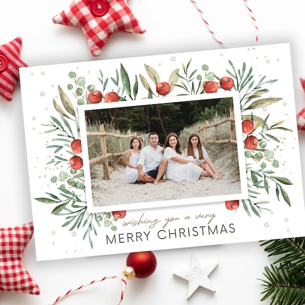 Modèle de carte de Noël rouge pour Photoshop, modèle de carte photo de vacances imprimable, carte photo numérique de Noël aquarelle, pour photographes