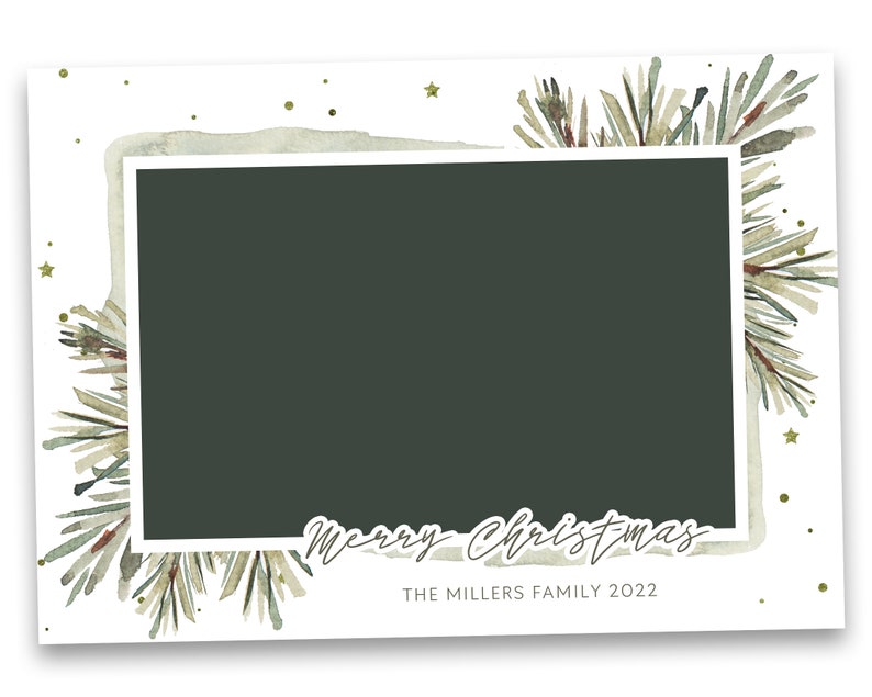 greenery christmas cardeditable in photoshop, size 5x7 inches, landscape christmas card with greenery watercolor christmas branches