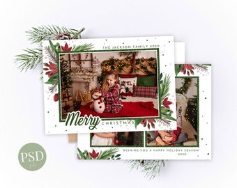 Photoshop 5x7 Plantilla de tarjeta de fotos navideñas Acuarela Verde Rojo, Plantilla de tarjeta de Navidad de Photoshop, Tarjeta navideña 5x7 PSD, Plantilla de Navidad