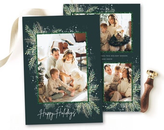 Plantilla fotográfica de tarjetas navideñas felices, tarjeta navideña fotográfica imprimible, tarjeta fotográfica navideña feliz en acuarela 5x7, tarjeta navideña verde oscuro PSD