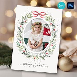 Oval Christmas Card Template Photoshop/ Canva, Modern Holiday Cards With Bow,  Christmas Card Template 5x7, Happy Holidays Photo Cards Canva