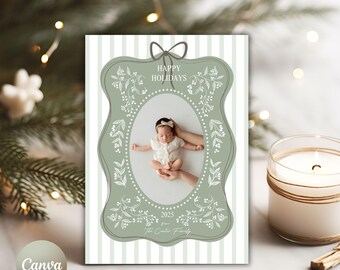 One Photo Christmas Card Sage Green Holiday Pictures - Holiday Photo Card Template - Vertical Digital Download Editable in Canva