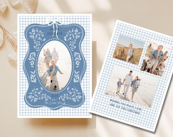 Blue Holiday Picture Card Template, Editable Checkered Photo Christmas Card CANVA, Blue Bow Christmas Card Classic Printable Download