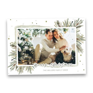 greenery christmas cardeditable in photoshop, size 5x7 inches, landscape christmas card with greenery watercolor christmas branches,simple christmas card template horizontal, landcape christmas card template psd editable in photoshop