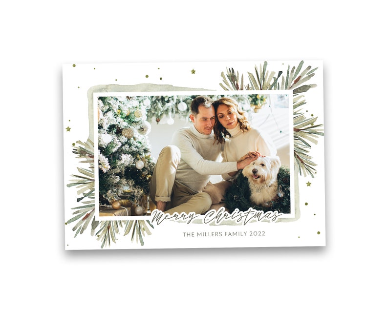 greenery christmas cardeditable in photoshop, size 5x7 inches, landscape christmas card with greenery watercolor christmas branches,simple christmas card template horizontal, landcape christmas card template psd editable in photoshop