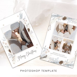 Blauwe fotokerstkaart Photoshop-sjabloon, afdrukbare kerstkaarten, Photoshop-sjabloon, aquarel kerstkaart PSD-sjabloon