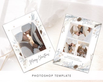 Holiday Collage Photo Card Template Blue, Editable PSD Photoshop Christmas Card