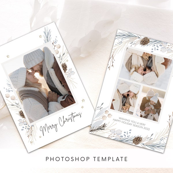 Blue Photo Christmas Card Photoshop Template, Printable Holiday Cards, Photoshop Template, Watercolor Christmas Holiday Card PSD Template