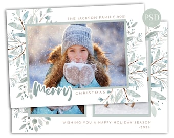 Blue Christmas Photo Card Photoshop 5x7, Printable Holiday Photo Card, Watercolor Winter Christmas Photo Card Template For Photoshop & Canva