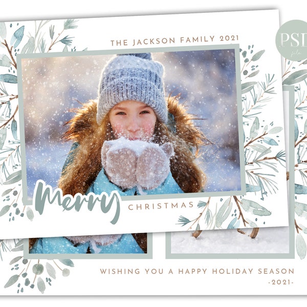 Tarjeta de Navidad azul Photoshop 5x7, tarjetas imprimibles, tarjeta fotográfica navideña, plantilla de tarjeta fotográfica navideña en acuarela, para Photoshop/ Canva