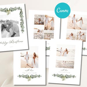 Plantilla de tarjeta fotográfica con guirnalda y lazo navideños, tarjeta fotográfica navideña DIY, imprimible, vertical, 5x7, tarjeta Canva editable para descarga digital