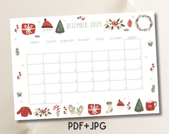 December 2024 Calendar Wall, Monthly Planner 2024, Calendar Printable,Family Calendar, December Calendar PDF, December Calendar 2024 Monthly