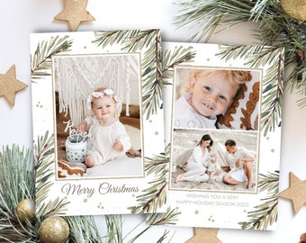 Green Photo Christmas Card Template Photography, Printable Holiday Photo Card, Digital Christmas Photo Card Template 5x7, For Photographers