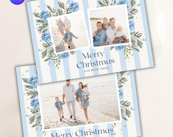 Blue Photo Collage Christmas Card Template Canva Photo Editor Holiday Photo Card Editable, Family Christmas Card Printable