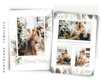 Evergreen Watercolor Christmas Card Photo Template, Printable Holiday Card Template 5x7, Christmas Card PSD, Digital Download For Photoshop