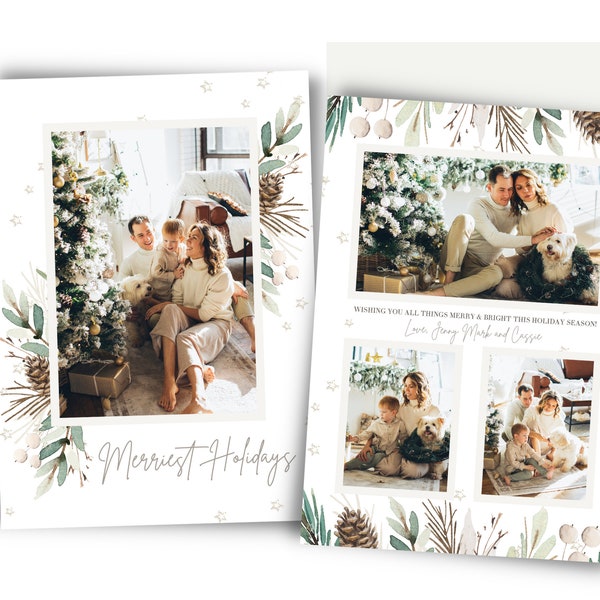 Modèle de carte de Noël Photoshop, modèle de cartes de vœux imprimables pour photographes, modèle de carte de Noël aquarelle à feuilles persistantes 5 x 7 psd