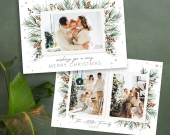 Green Photo Christmas Card PSD Editable of 3 Pix, Landscape Holiday Border Card 5x7 Canva & Photoshop PSD