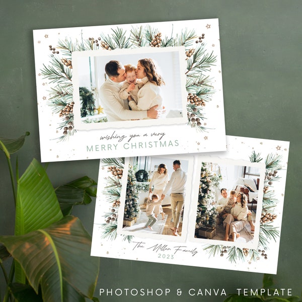 Photography Christmas Card Template 5x7, Pine Branches Happy Holiday Card Template, Editable in Canva/Photoshop, Christmas Card Template PSD