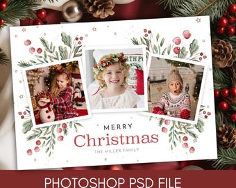 PSD Christmas Card Collage of 3 Photos Edit in Photoshop - Horizontal Holiday Photo card Template Editable - Digital Download PSD File