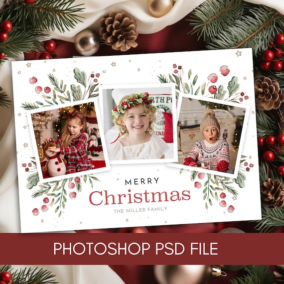 PSD Christmas Card Collage of 3 Photos Edit in Photoshop - Horizontal Holiday Photo card Template Editable - Digital Download PSD File