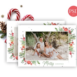 Christmas Card Templates Photographers, 2024 Floral Photo Christmas Card Template, Digital Holiday Card Design,Christmas Photo Card Template