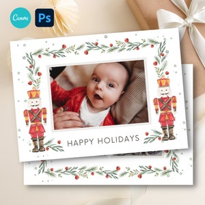 Plantilla de tarjeta fotográfica navideña de Cascanueces para Photoshop/Canva Tarjeta navideña digital de 5 x 7 Plantilla de tarjeta navideña con acuarela, Tarjetas navideñas de Canva
