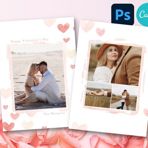 Modèle de carte Photoshop Saint-Valentin, carte photo imprimable Saint Valentin, modèles pour photographes, modèle de carte aquarelle coeurs roses