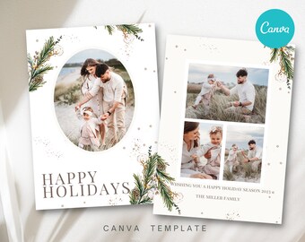 Editable Photo Holiday Card Template CANVA Design - Watercolor Minimalist Christmas Card - Classic Holiday Picture Card Vertical 4 Images