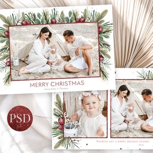 Tannen und Beeren Rahmen Weihnachtsfotokarte Klassisch, Frohe Feiertage Karte Psd, Aquarell Weihnachtskartenvorlage für Canva, doppelseitig