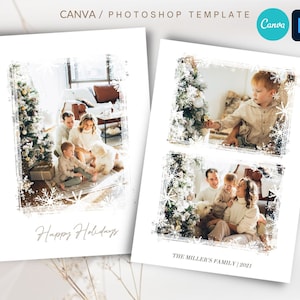 Weihnachtsfotokarte PSD-Vorlage PHOTOSHOP, verschneite Fotokarte mit Schneeflocken, Weihnachtspsd-Karte bearbeitbarer digitaler Download