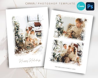 White Christmas Photo Card PSD Template for PHOTOSHOP, Snowy Photo Card With Snowflakes, Christmas PSD Card Editable Digital Download