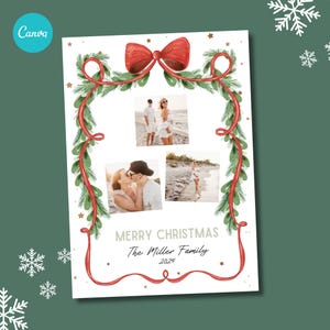 Ribbon Frame Foto Weihnachtskartenvorlage, bearbeitbare Weihnachtskarte 3 Bilder, Schleifengirlandenweihnachtskarte 5x7 für Familie, Canva-Vorlage