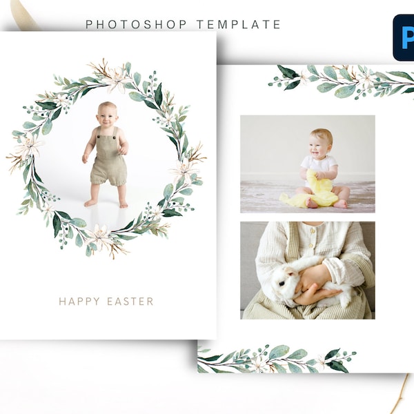 Easter Card Template With Photo, Family Easter Photo Card Template 5x7, Editable in Photoshop, Happy Easter Photo Card with Wreath