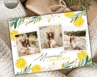 Lemon Christmas Card Collage of 3 Photos on Front - Edit in CANVA -  Editable Holiday Photo Card Template - Digital Download