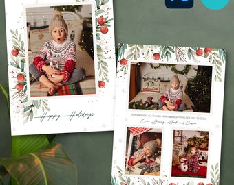 Canva/Photoshop Christmas Card Template Holly, Digital Holiday Cards  5x7 Watercolor CANVA Christmas Card PSD Template, Canva Christmas Card