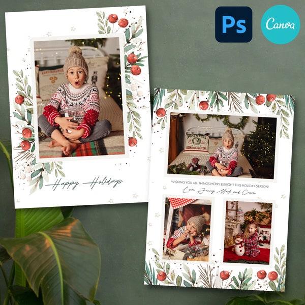 Plantilla de tarjeta de Navidad Canva/Photoshop Holly, Tarjetas navideñas digitales 5x7 Acuarela CANVA Tarjeta de Navidad Plantilla PSD, Tarjeta de Navidad Canva