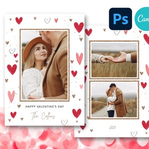 Valentines Day Card Template for Photoshop/CANVA, DIY Valentines Day Photo Card, Pink Watercolor Valentines Day Card, Photo Valentines Cards
