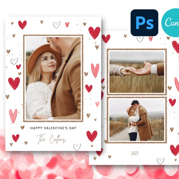 Valentines Day Card Template for Photoshop/CANVA, DIY Valentines Day Photo Card, Pink Watercolor Valentines Day Card, Photo Valentines Cards
