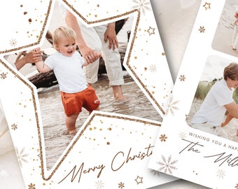 White Christmas Card Template Star,Editable Holiday Cards, Glitter Happy Holiday Card Template 5x7, Gold White Photo Christmas Card Template