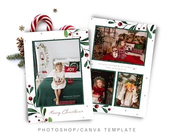 Christmas Photoshop 5x7 Card Template Red With Photo, Mistletoe And Berries  Christmas Card, Printable Holiday Photo Card, For Photographers