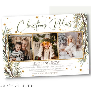 Template de Sessão de Natal PSD para Fotógrafos, Miniaturas de Natal com Ramos de Pinheiro para 3 Fotos 5x7, Flyer Publicidade de Sessão de Natal