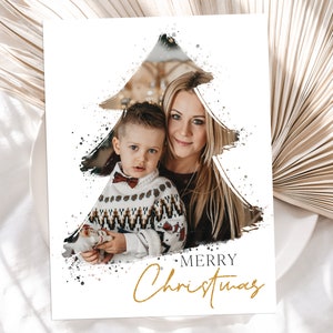 Tarjeta de Navidad, tarjeta de árbol de Navidad, fuente manuscrita, tarjeta festiva imprimible, collage de fotos de Feliz Navidad, descarga digital