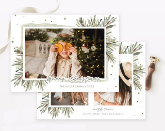 Sage Green Christmas Card Photo Template - Watercolor Frame with Decor - Holiday Photo Card PSD Editable Template