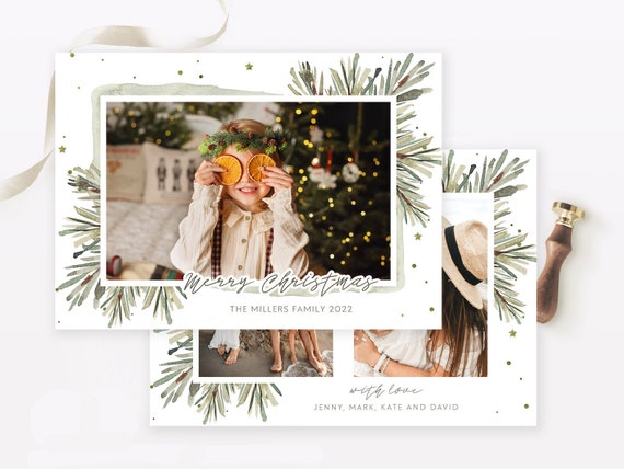 Sage Green Christmas Card Photo Template - Watercolor Frame with Decor - Holiday Photo Card PSD Editable Template