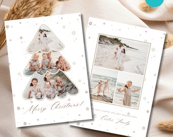 Gold Christmas Photo Collage Template For CANVA, Happy Holidays Photo Collage with Stars, White Christmas Tree Card, Photo Collage Cards