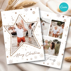 Modello di biglietto di Natale con cornice a stella Canva, biglietto di auguri stampabile 5x7, foto frontale di fiocchi di neve bianchi, download digitale del design a stella