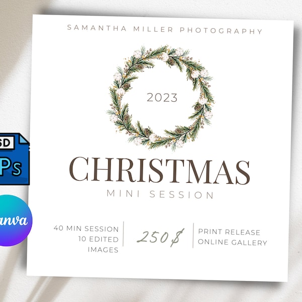 Modèle de mini session de Noël marketing pour photographes sans photos, couronne aquarelle, minis promos de Noël minimalistes