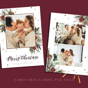Modello di fotografia di cartolina di Natale con foto, collage fotografico di Natale bordeaux 5x7 Photoshop modificabile download digitale