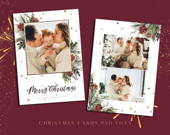 Modèle de photographie de carte postale d'hiver de carte de Noël photo, collage de photos de Noël Bordeaux 5 x 7 Photoshop en téléchargement numérique