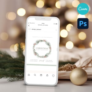 以下が含まれることがあります： クリスマスミニセッションの広告が表示された携帯電話の画面。緑色のリースに赤い実が飾り付けられ、「Christmas Mini Session」というテキストと「250$」という価格が表示されています。